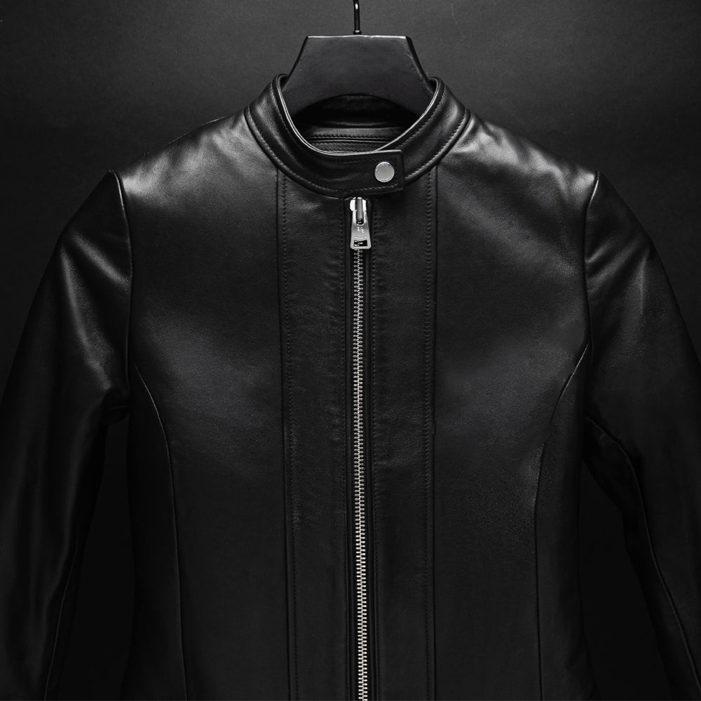 Close-up of Nappa moto jacket snap collar, tonal front panels and platinum-finish YKK zipper