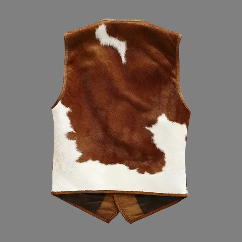 Rear view of the natural hair-on cowboy waistcoat highlighting the curved western yoke seam.