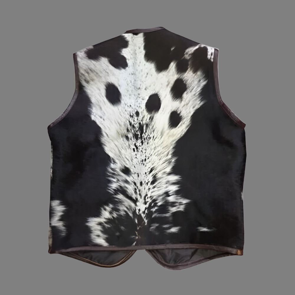 Rear view of the natural hair-on cowhide waistcoat, highlighting the seamless black and white spots.
