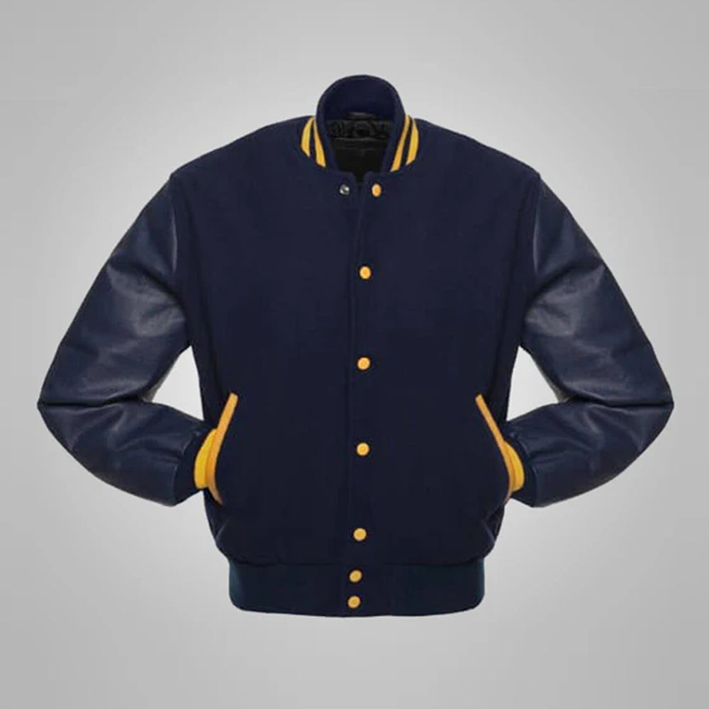 Front view of the navy blue baseball style varsity jacket showcasing the premium wool body, matching leather sleeves, and contrast yellow buttons.