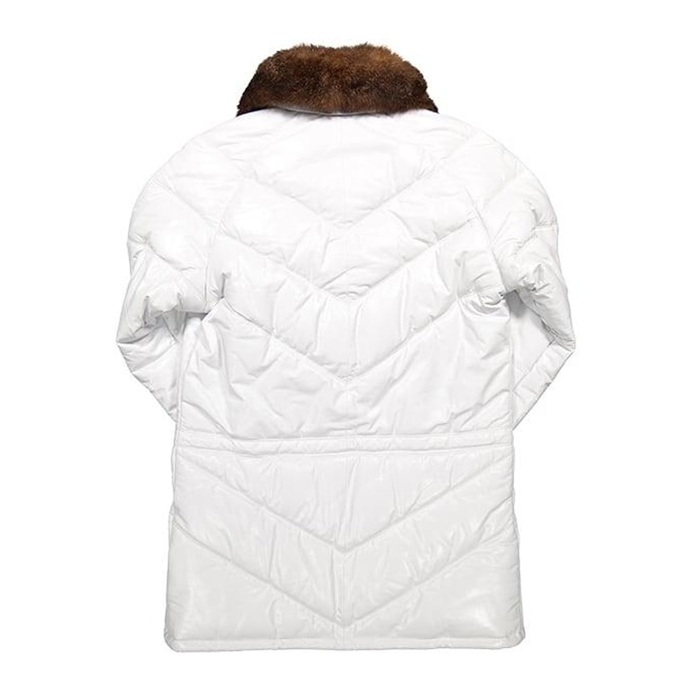 Back view of off-white leather V-coat showing chevron quilted panels and fur collar