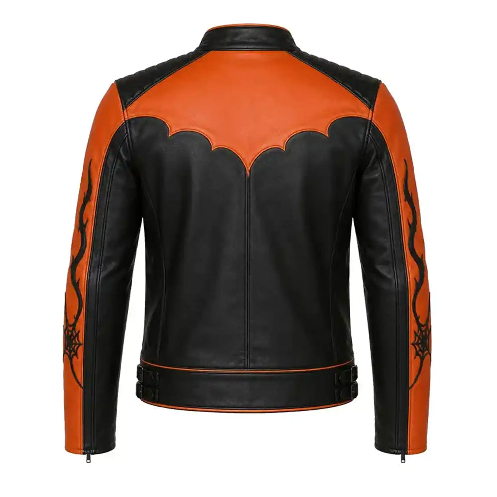Rear view of orange and black Halloween jacket with scalloped bat-wing yoke and center-back seam