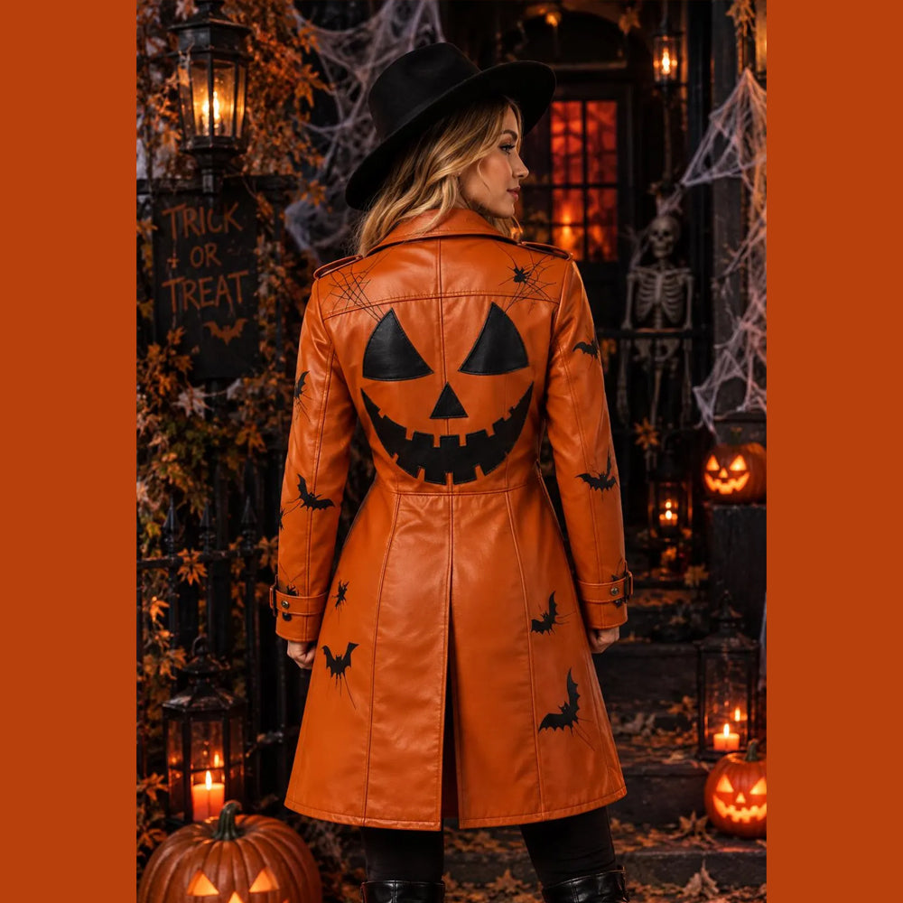 Close rear view of orange Halloween leather coat showing pumpkin face, bats, webs and center vent