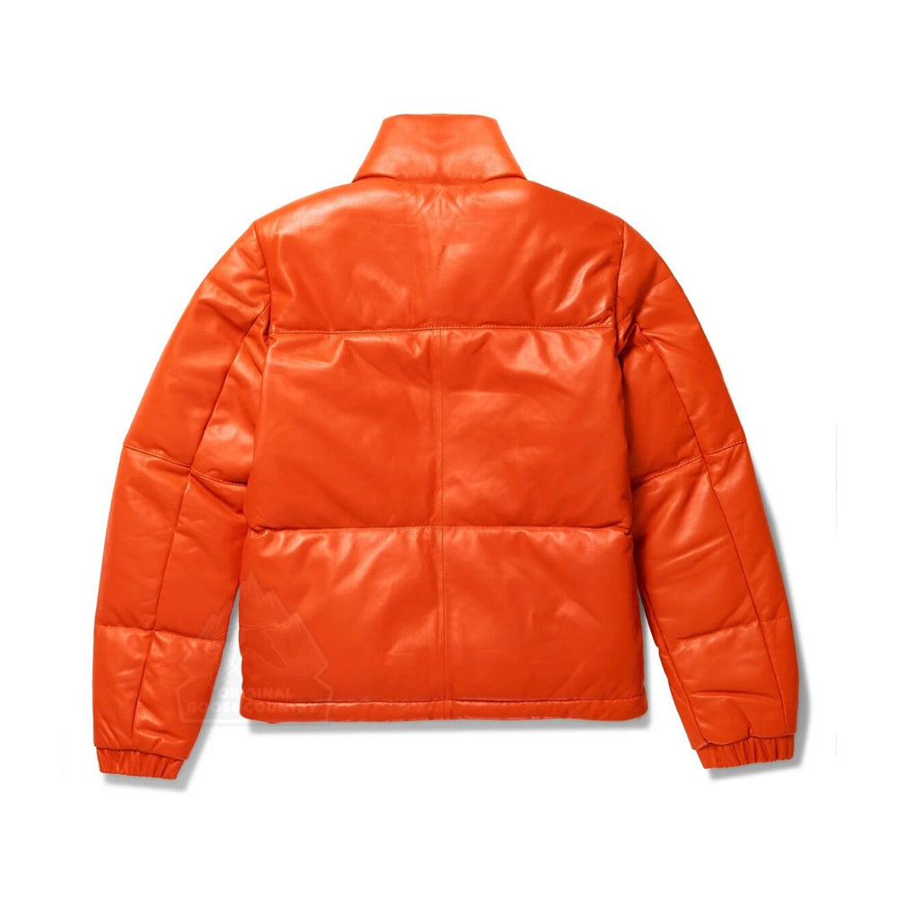 Back view of Original Goose Country women's orange leather puffer jacket showing quilted puffer panels and elastic cuffs