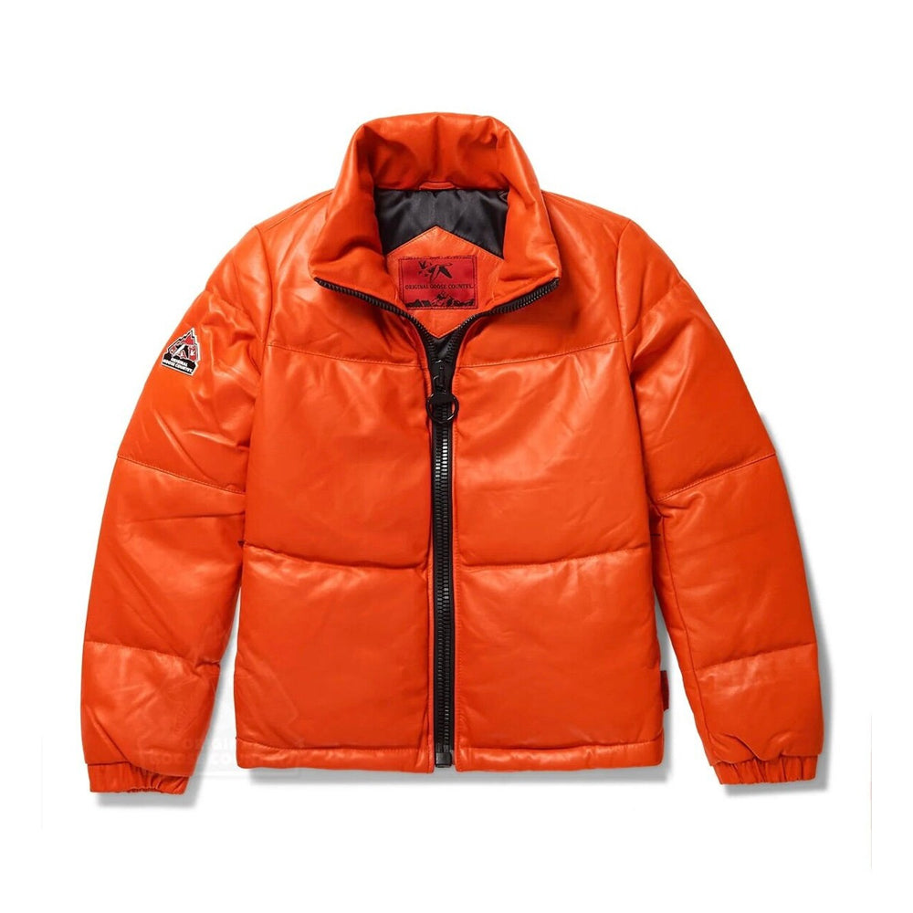 Front view of Original Goose Country women's orange lambskin leather puffer jacket with stand collar and O-ring zipper