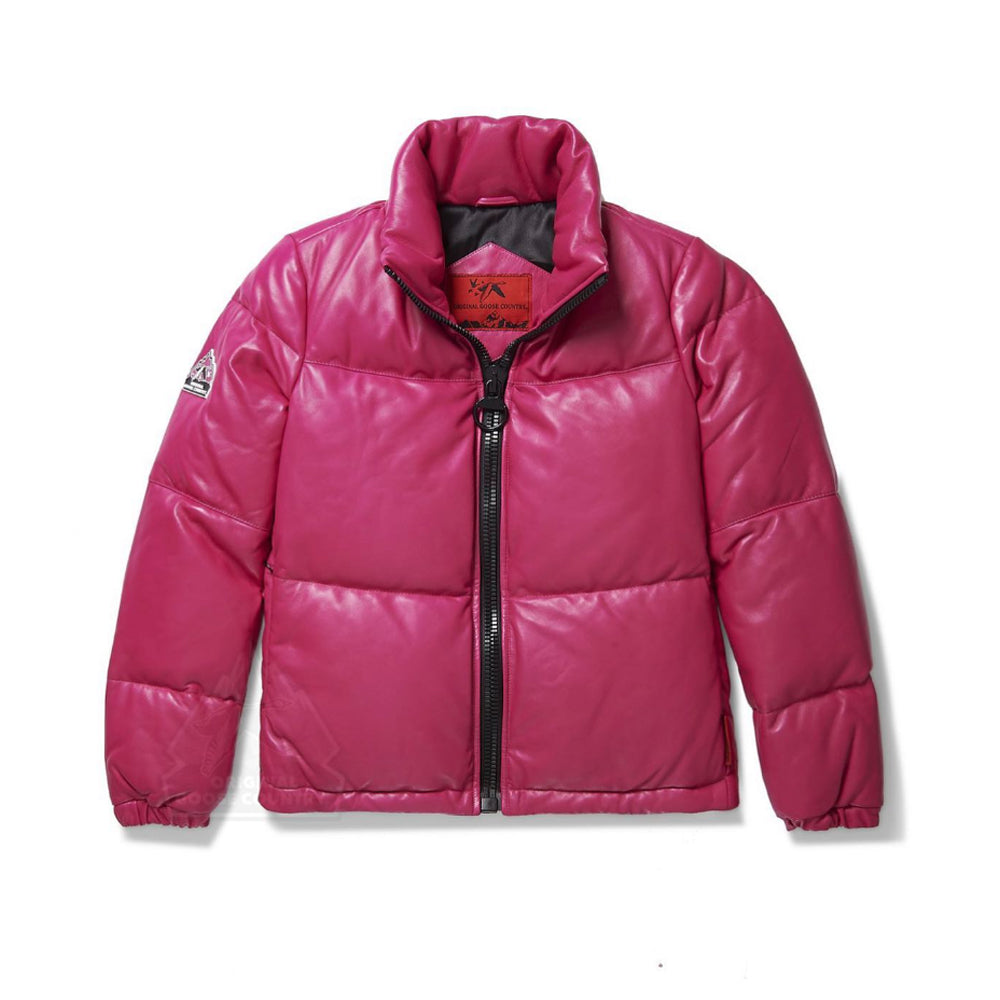 Front view of Original Goose Country women's pink lambskin leather puffer jacket with padded stand collar and black O-ring zipper