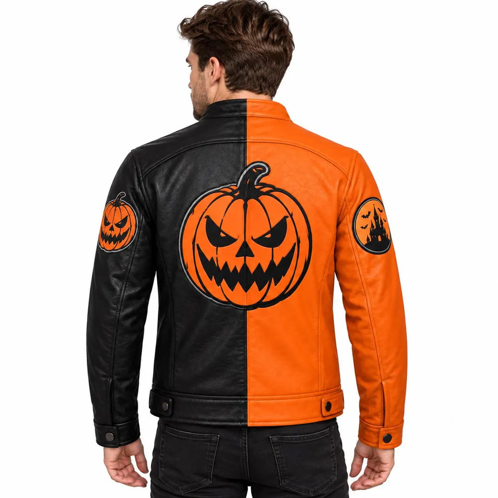 Close rear view of oversized jack-o’-lantern appliqué on cowhide jacket