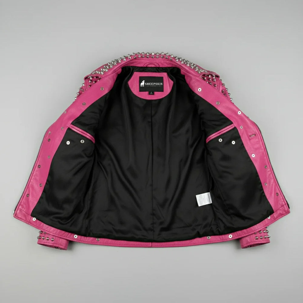Open pink leather jacket showing black satin lining and Sheepskin Leathers label