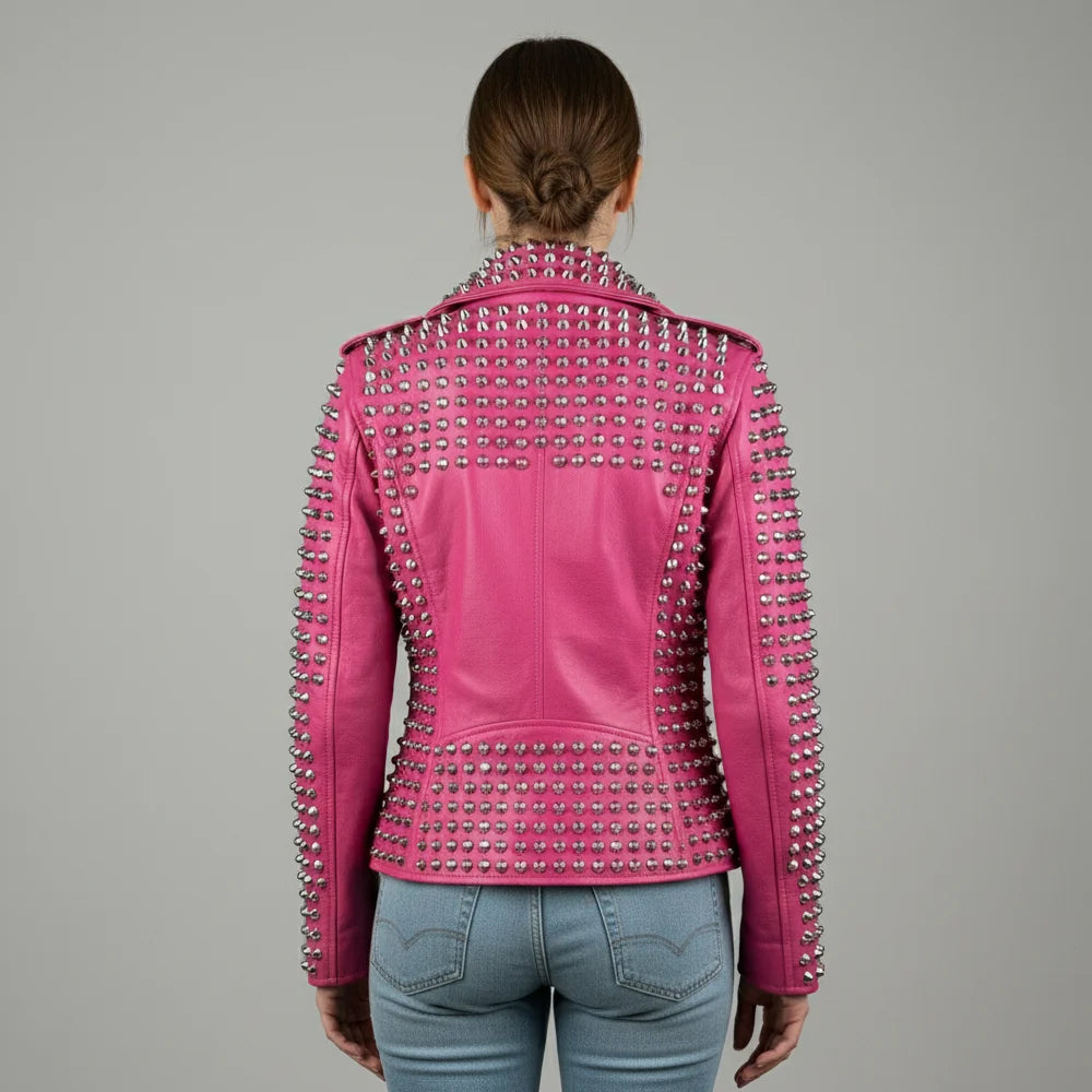 Back view of pink leather moto jacket fully covered in silver metal studs