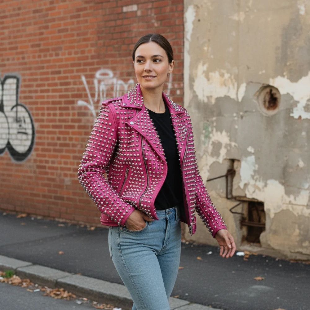 Model wearing pink studded leather biker jacket outdoors in street style outfit