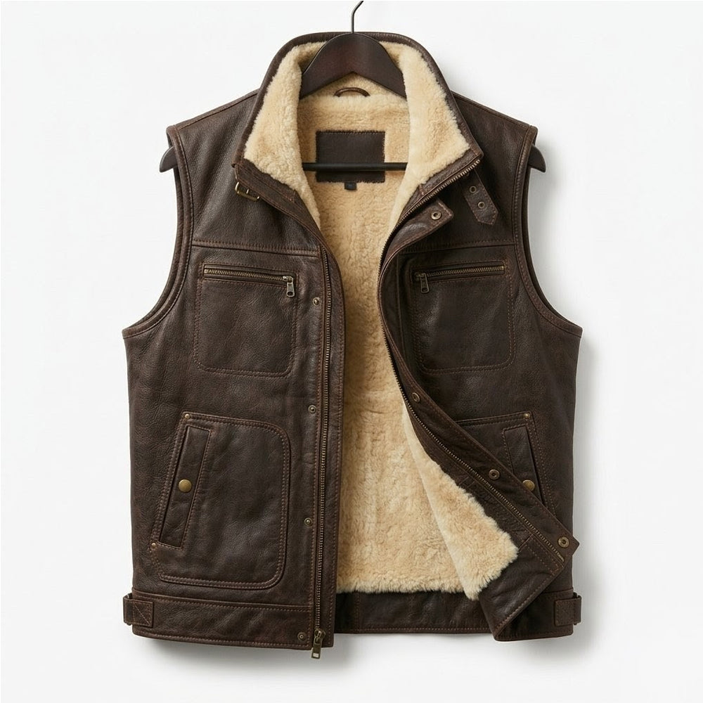 Product shot of a premium brown fur-lined winter waistcoat on a hanger, showing the beige shearling interior.