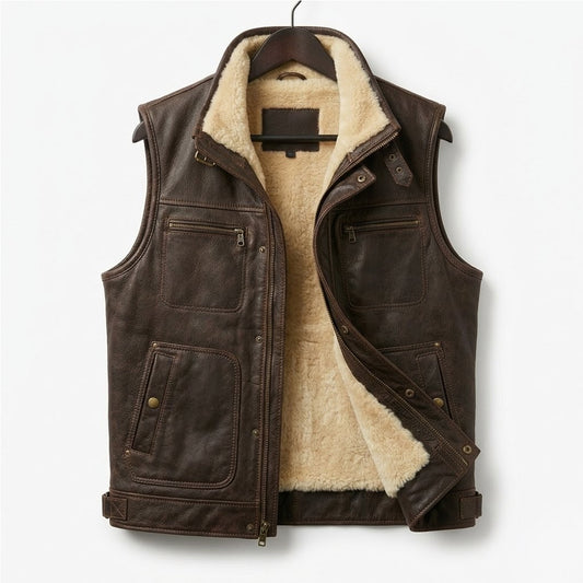 Product shot of a premium brown fur-lined winter waistcoat on a hanger, showing the beige shearling interior.
