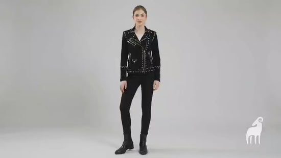 Women’s black studded genuine suede leather biker jacket with silver studs shown from front, side and close-up views