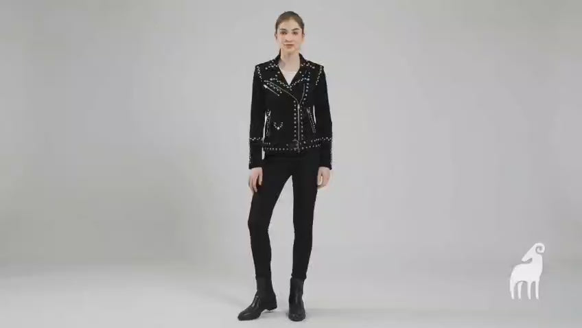 Women’s black studded genuine suede leather biker jacket with silver studs shown from front, side and close-up views