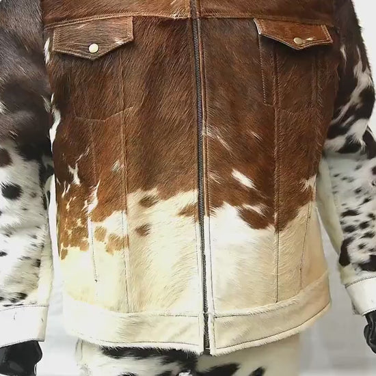 Video showing front, side, hardware and back details of the men’s chestnut hair-on cowhide zip trucker jacket