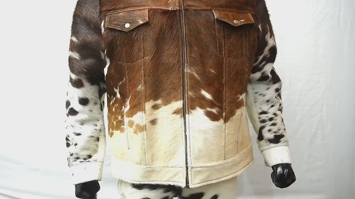 Video showing front, side, hardware and back details of the men’s chestnut hair-on cowhide zip trucker jacket