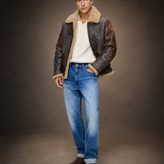 Man modeling a distressed brown B-3 shearling aviator jacket in full-body, side and back views