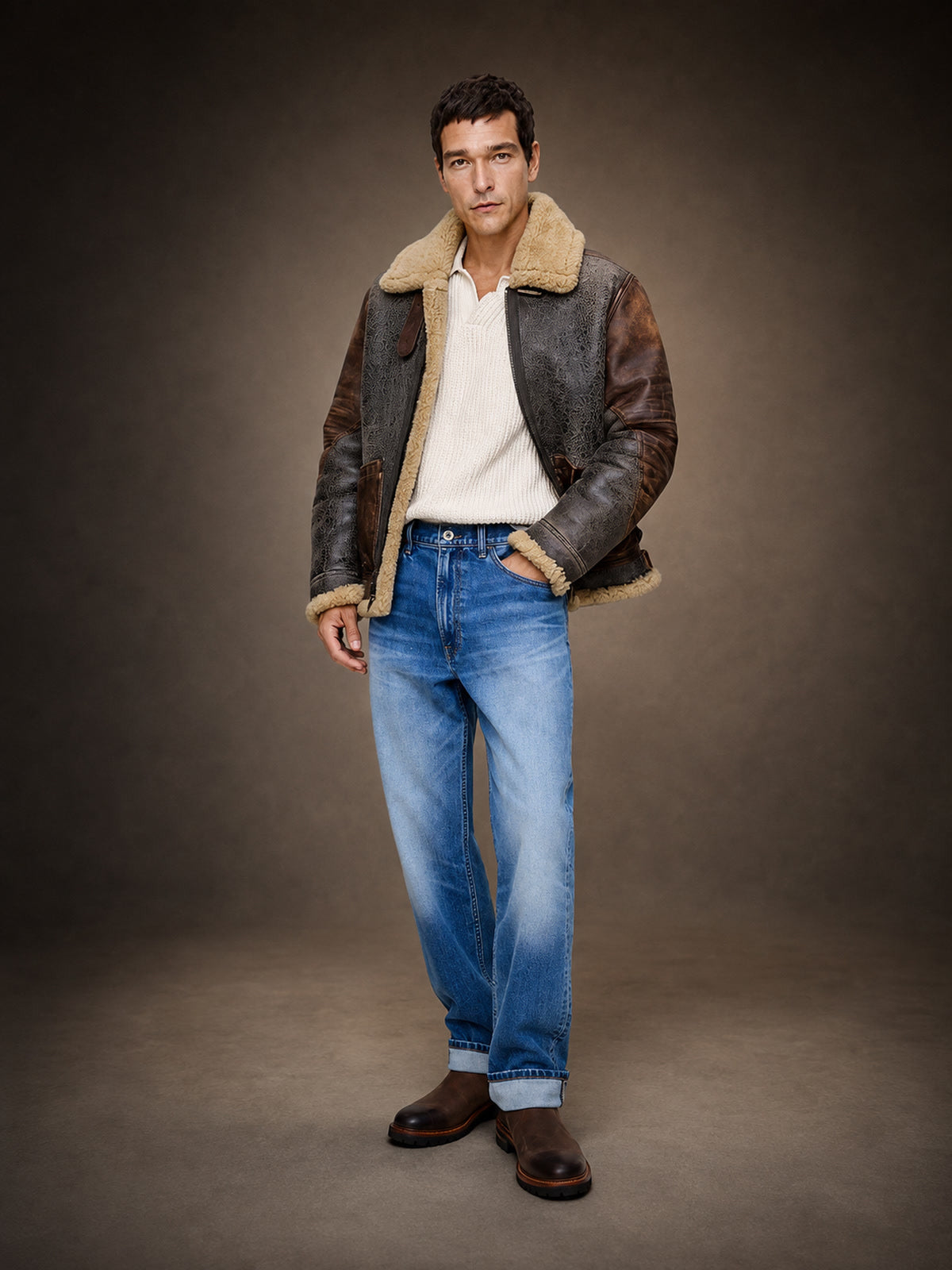 Man modeling a distressed brown B-3 shearling aviator jacket in full-body, side and back views