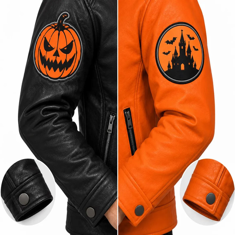Jack-o’-lantern and haunted-castle sleeve appliqués with snap cuff details