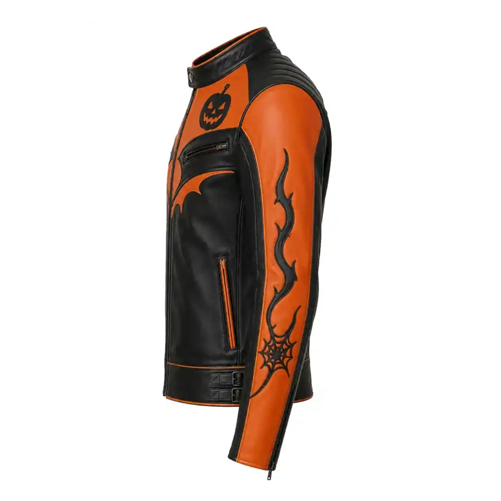 Side view of Halloween leather biker jacket showing flame appliqué, spiderweb sleeve motif and waist straps