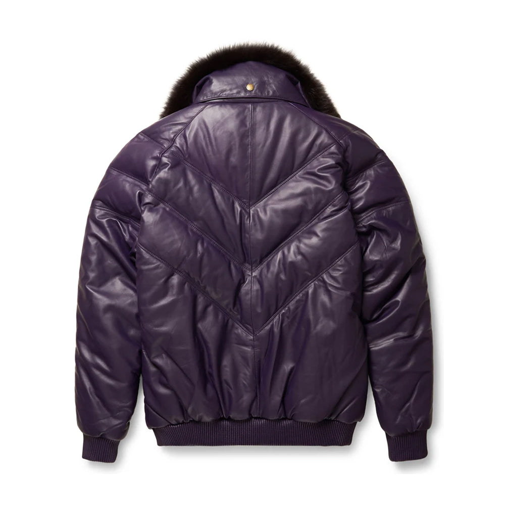 Rear view of the deep purple leather Goose Country V-bomber down coat, showing the signature chevron bubble quilting and ribbed hem.