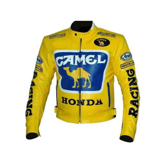 Racing Honda Yellow Camel Leather Biker Jacket Front with Racing Logos