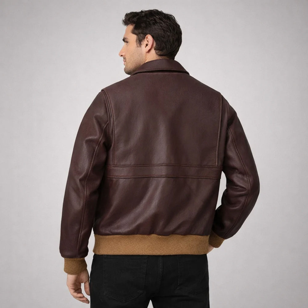 Back view of men's RAF A-2 sheepskin leather bomber jacket in brown