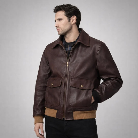 Front view of men's brown A-2 aviator jacket with shirt-style collar and flap pockets