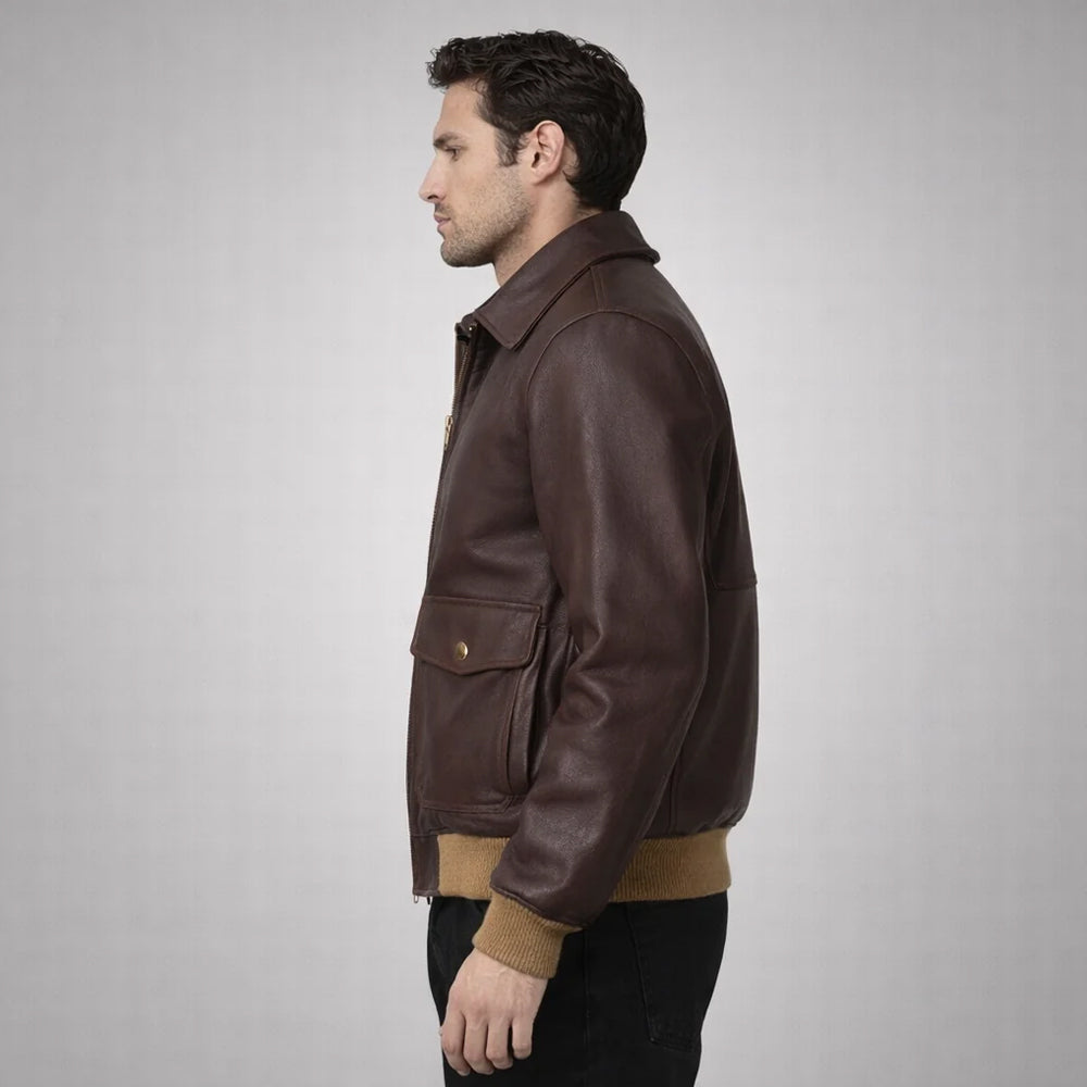 Side view of men's A-2 sheepskin leather jacket showing ribbed cuffs and fit