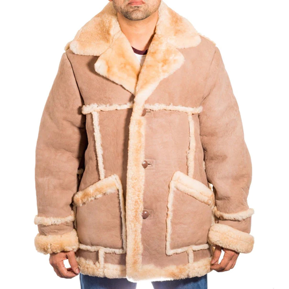Men's beige sheepskin Rancher Shearling Jacket with wide shearling collar, button-front closure and thigh-length cut