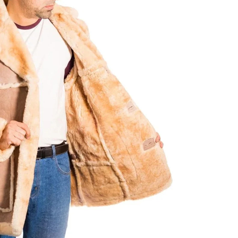 Open view of Rancher Shearling Jacket revealing warm two-tone brown shearling lining and interior brand label