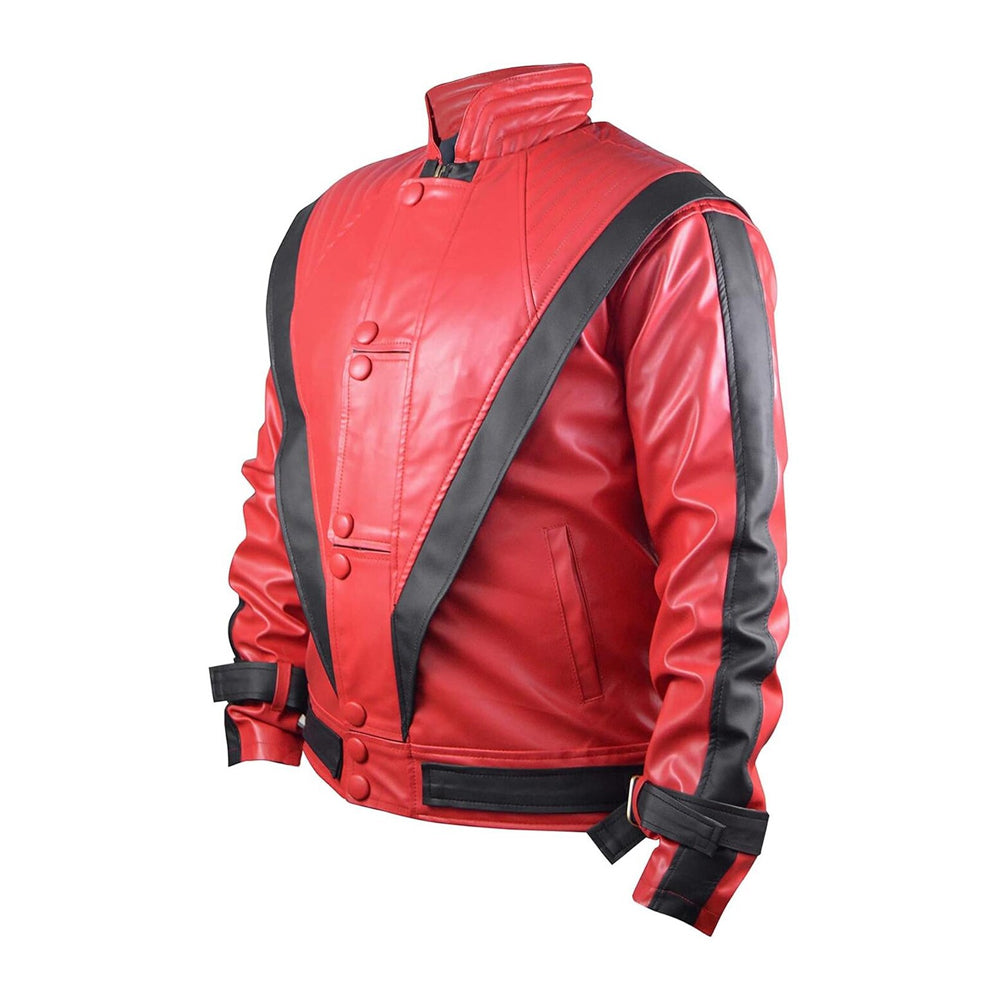 Side-front view of red and black Michael Jackson performance leather jacket