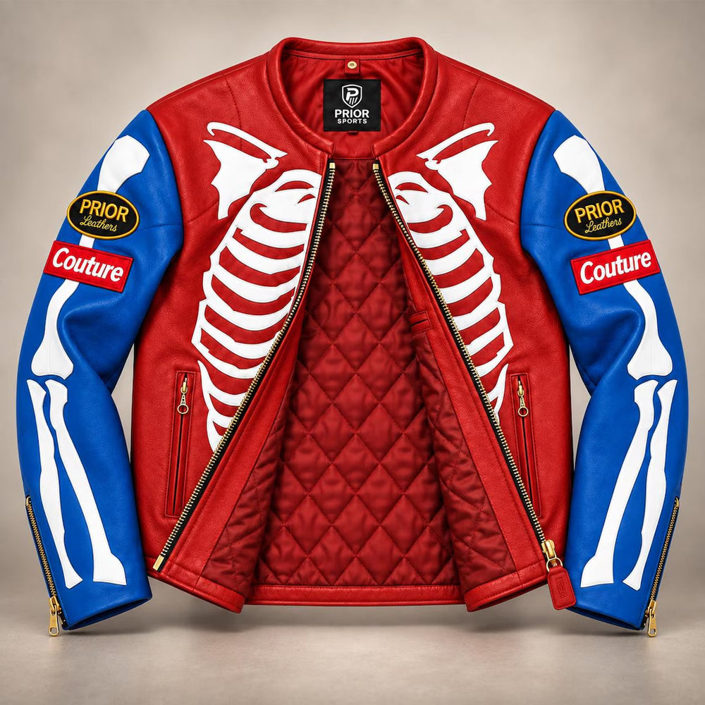 Open red and blue skeleton leather jacket showing diamond-quilted red lining, bone appliqués and gold hardware