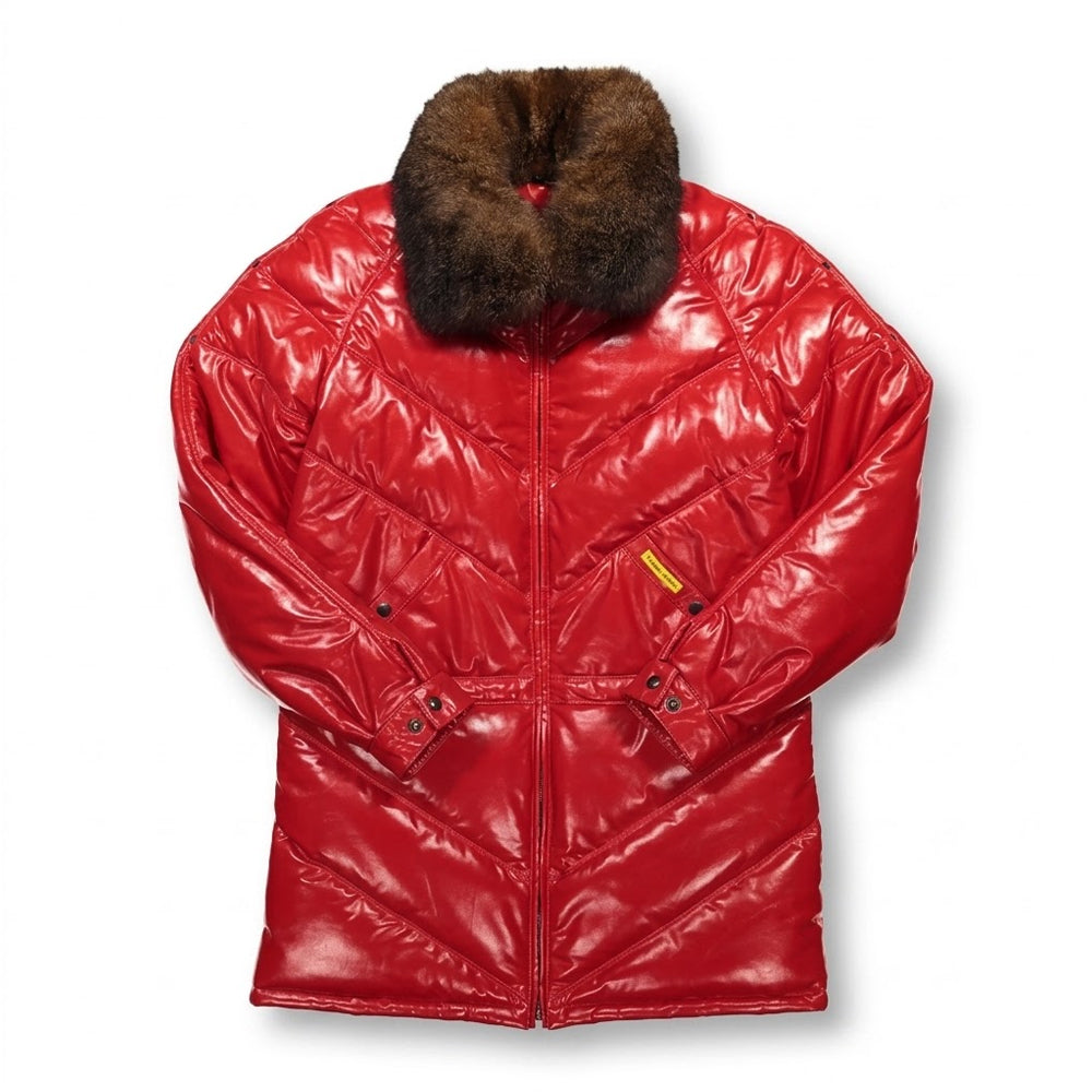 Red calfskin V-coat with chevron baffle stitching and detachable opossum fur collar, front view