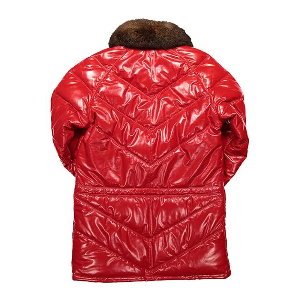 Back view of red leather down coat showing chevron baffle quilted panels