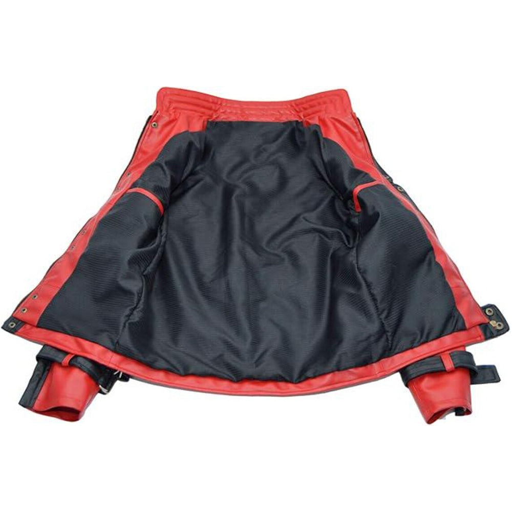 Open red Thriller leather jacket showing its soft black viscose lining