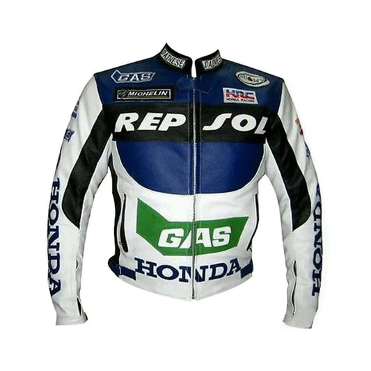 Repsol Honda Blue and White Leather Biker Jacket with HRC Racing Logo