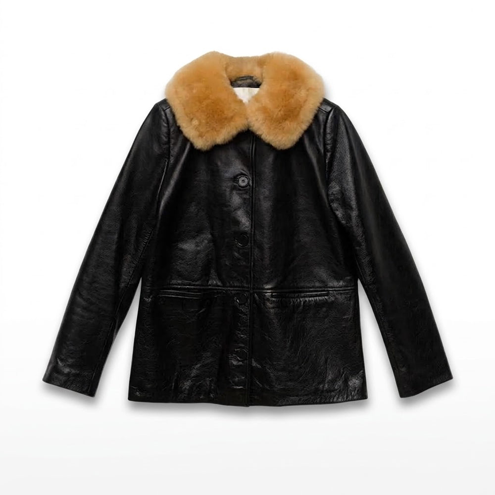 Flat lay of Roma women’s black button-front leather jacket with broad tan shearling collar and straight cuffs