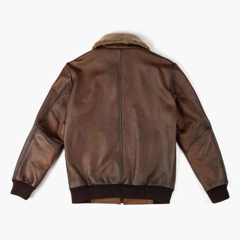 Back silhouette of rugged cowhide bomber jacket with rib-knit hem and fur collar