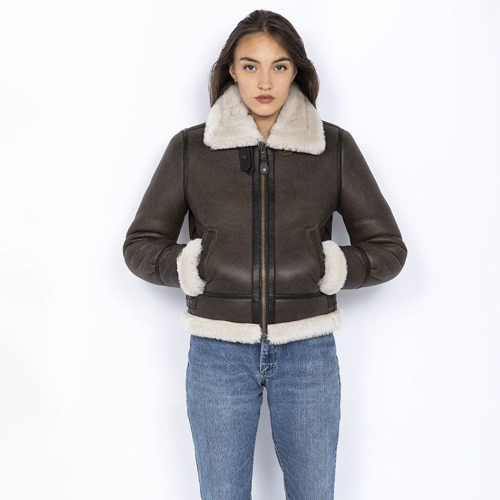 Women Brown Shearling B3 Bomber Sheepskin Leather Jacket