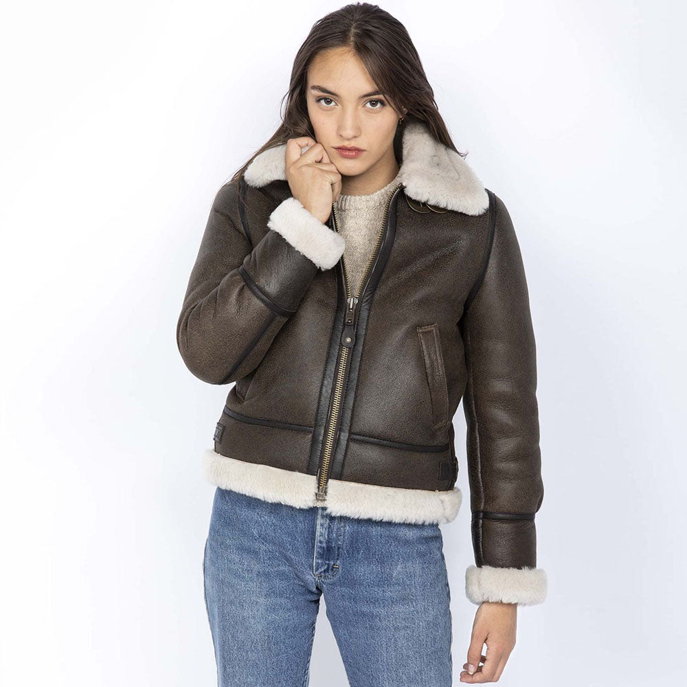 Women Brown Shearling B3 Bomber Sheepskin Leather Jacket