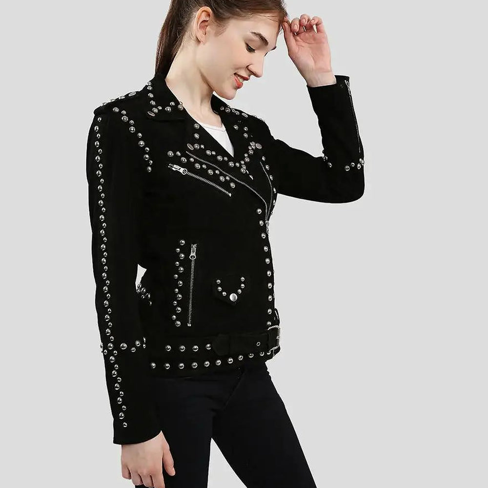 Side view of black suede leather jacket with silver studs and zip pockets