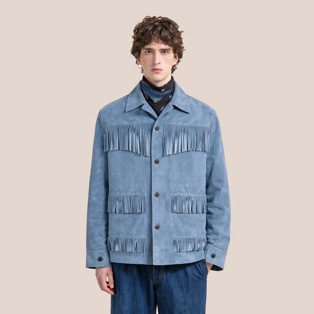 Front view of Skytrail men’s indigo suede Western fringe jacket with patch pockets