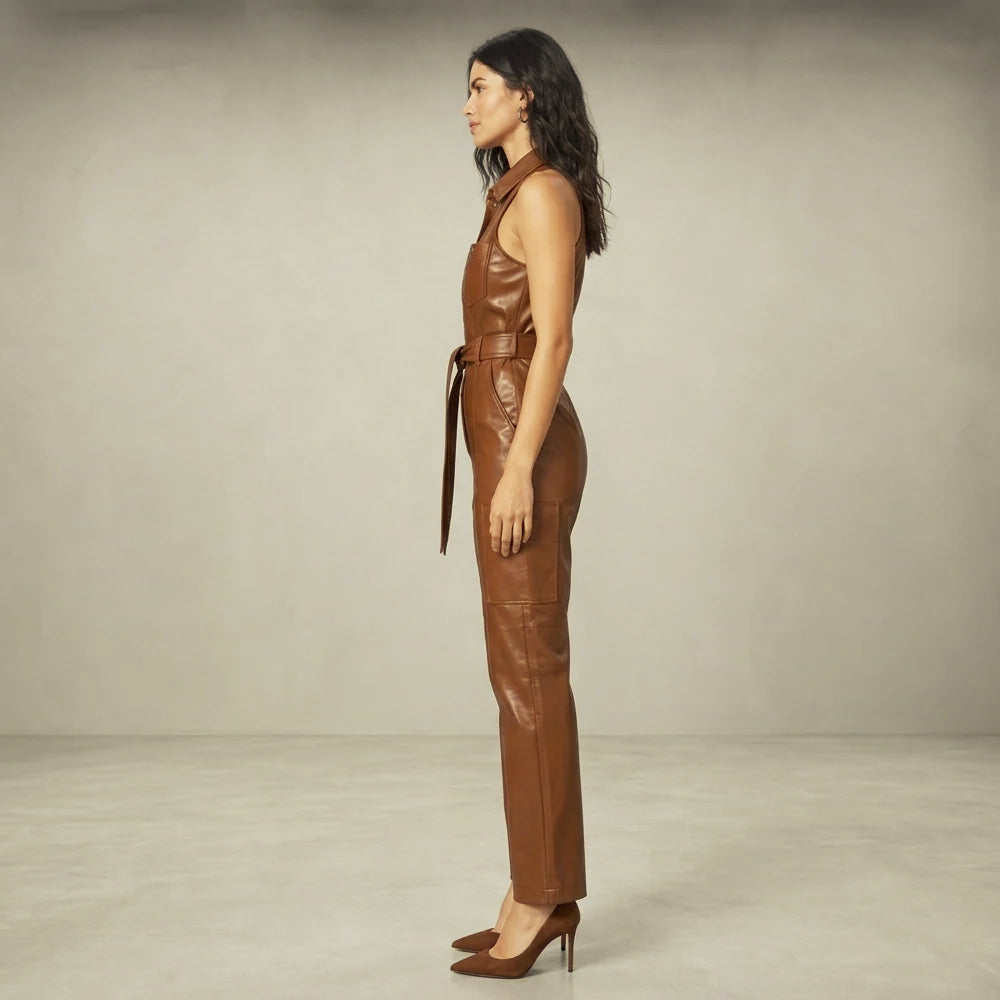Side profile of a women's brown leather cargo jumpsuit, showing the arm opening, hip pocket and straight leg.
