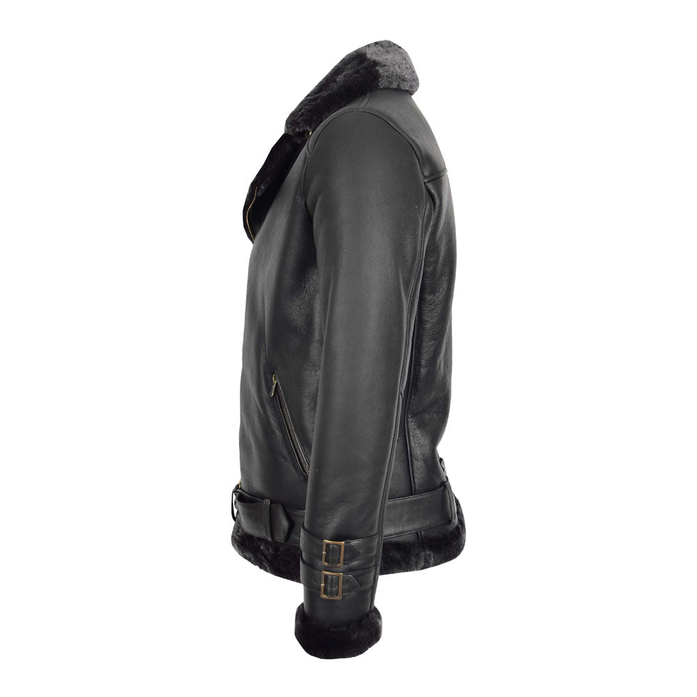 Side profile view of smooth black shearling leather jacket showing dual cuff buckle straps and brass waist belt