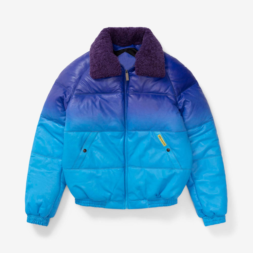 Front view of SNS x Double Goose collab straight bomber jacket in purple and blue gradient lambskin.