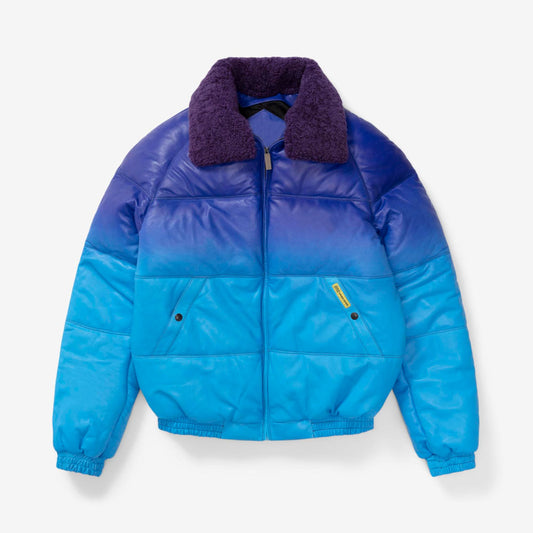 Front view of SNS x Double Goose collab straight bomber jacket in purple and blue gradient lambskin.