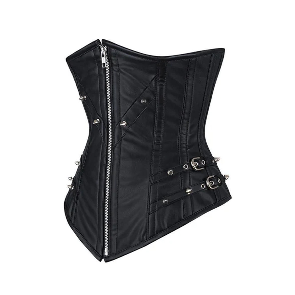 Angled view of black leather corset with silver cone studs, side buckles and vertical stitched panels