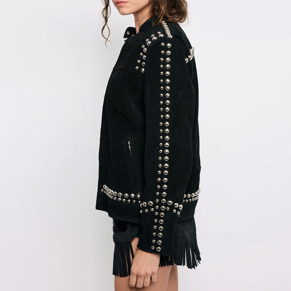 Side profile view of a model wearing the women's black suede jacket to display the drop-shoulder sleeve details and studs.