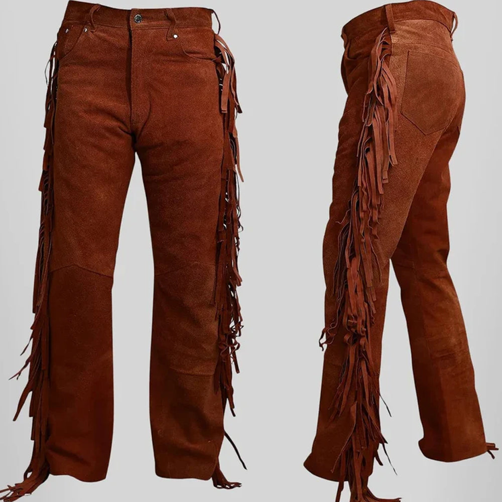 Side profile view highlighting the long suede fringe along the leg of Western trousers.